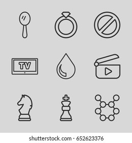 Shiny icons set. set of 9 shiny outline icons such as mirror, prohibited, drop, tv, play, chess king, chess horse, spring rotate