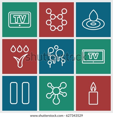 Shiny icons set. set of 9 shiny outline icons such as TV, water drop, pause, candle, watering system, atom, blood