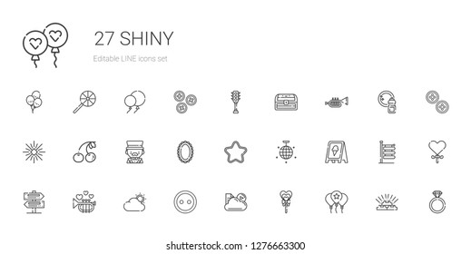 shiny icons set. Collection of shiny with balloon, lollipop, cloud, button, trumpet, signs, sign, mirror ball, star, mirror, magician, cherry. Editable and scalable shiny icons.