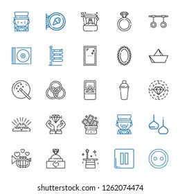 shiny icons set. Collection of shiny with button, pause, magician, engagement ring, trumpet, light, trick, diamond, gold, shaker, rings, magic wand. Editable and scalable shiny icons.