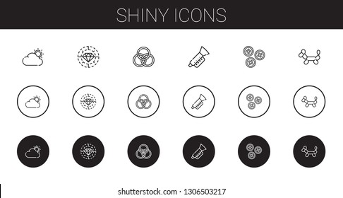 shiny icons set. Collection of shiny with cloud, diamond, rings, trumpet, buttons, balloon modelling. Editable and scalable shiny icons.