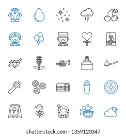 shiny icons set. Collection of shiny with cloud, trumpet, magician, lollipop, sign, button, shaker, chest, buttons, magic wand, spoon, engagement ring. Editable and scalable shiny icons.