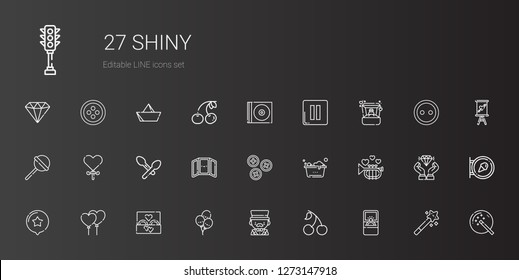 shiny icons set. Collection of shiny with engagement ring, cherry, magician, balloons, wedding ring, star, trumpet, washing, buttons, mirror. Editable and scalable shiny icons.