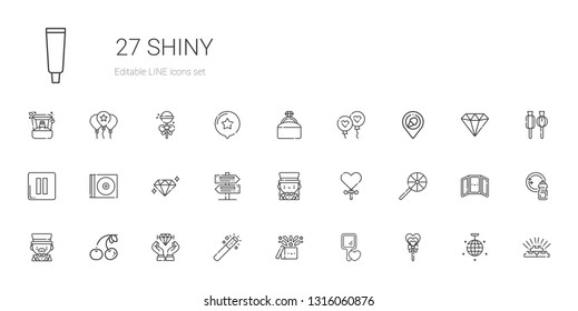 shiny icons set. Collection of shiny with lollipop, hand mirror, magic, magic wand, diamond, cherry, magician, signs, cd, pause, place, balloon. Editable and scalable shiny icons.