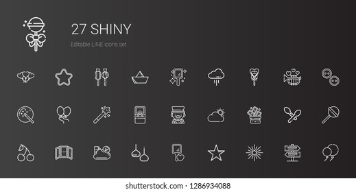 shiny icons set. Collection of shiny with star, hand mirror, light, cloud, mirror, cherry, trick, magician, engagement ring, magic wand, balloons. Editable and scalable shiny icons.
