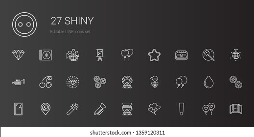 shiny icons set. Collection of shiny with tooth paste, balloons, magician, trumpet, magic wand, place, mirror, lollipop, buttons, diamond, cherry. Editable and scalable shiny icons.