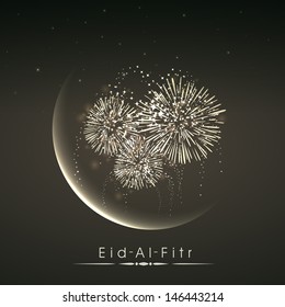 Shiny illustration of crescent of moon with fireworks in the night on occasion of muslim community festival Eid Al Fitr (Eid Mubarak).