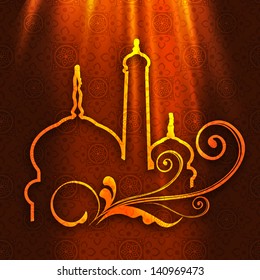 Shiny illustration of mosque decorated with floral.