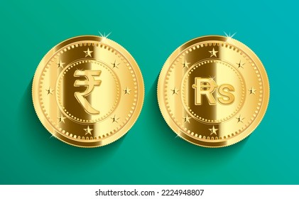 Shiny Indian Rupee symbol coins isolated on nice blue background in vector illustration