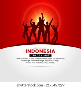 Shiny Indonesia Independence Day design with silhouette of cheerful youth vector.