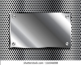 Shiny industrial looking metal plaque on grill background