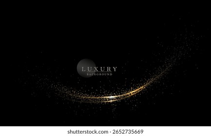 Shiny isolated design component, gold arc with tinsel on black background.