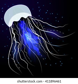 Shiny jellyfish on dark background. Vector image of jellyfish with sparkles