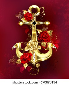 Shiny jewelry anchor, wrapped in red and gold roses with golden stems and leaves.