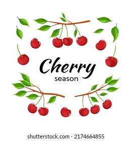 Shiny juicy ripe cherries, separate and on branches. Summertime healthy eating, fresh berries. Nature, ecological food. Cartoon elements for prints and design on white background