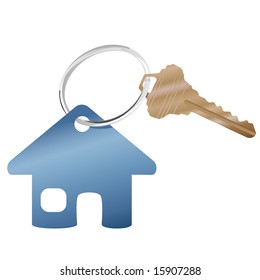 Un llavero brillante con una llave de la casa de latón y un símbolo inmobiliario o de la casa del sitio web.