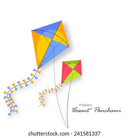 Shiny kites flying on occasion of Happy Vasant Panchami celebration.