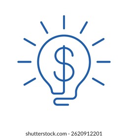 Shiny lamp and dollar symbol. Simple, effective financial business idea. Earn money. Vector linear icon isolated on white background.