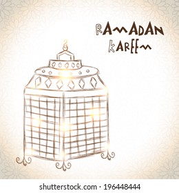 Shiny lamp or lantern or grey background for holy month of muslim community Ramadan Kareem. 