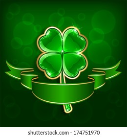 Shiny leaf of a clover with ribbon on green background, illustration