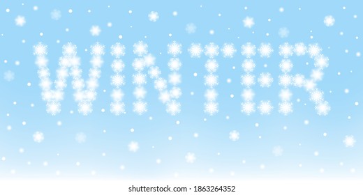 Shiny lettering Winter with snowflakes and snow - natural light blue background for holiday design