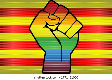 Shiny LGBT Protest Fist On A Catalonia Flag - Illustration, 
Abstract Grunge Catalonia Flag And LGBT Flag