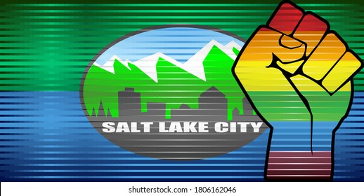 Shiny LGBT Protest Fist on a Salt Lake City - Illustration, 
Abstract grunge Salt Lake City and LGBT flag