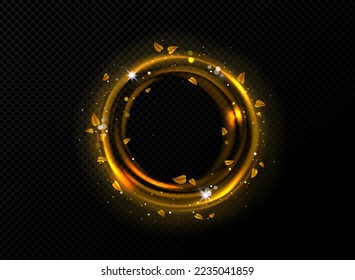 Shiny light circle frame with yellow foliage png isolated on transparent background. Realistic vector illustration of golden round border with leaves and shimmering dust particles flying in darkness