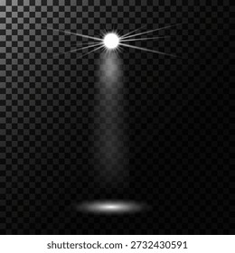 Shiny light projection. Glowing laser effect with abstract flare, spotlight, and glitter ray. Transparent png for festive background, stage show, or concert magic illustration