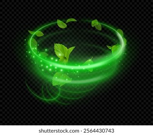 Shiny line spiral spring with mint leaves, realistic wind effect with flying magic dust particles and mentha foliages. Vector glowing vortex and swirls. Light in motion and abstract sparkles