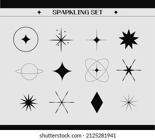 Shiny linear stars. Shine Sparkles. It is a minimalist icon of various shapes. It's a simple geometric design with an elegant thin line. Party, celebration concept. The latest vector set.