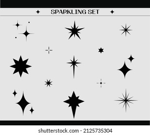 Shiny linear stars. Shine Sparkles. It is a minimalist icon of various shapes. It's a simple geometric design with an elegant thin line. Party, celebration concept. The latest vector set.