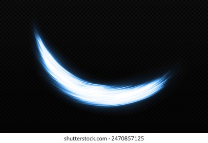 Líneas brillantes con destellos. Camino de luz de cometa azul mágico con partículas de brillo. Las líneas onduladas del espacio brillan sobre fondo transparente.