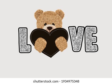 shiny love text with teddy bear vector design