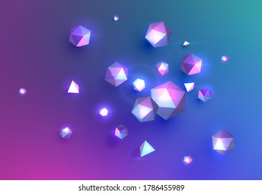 Esferas brillantes de polos bajos con triángulos y brillo, ilustración vectorial