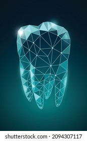 Shiny low polygonal tooth with glowing effect on abstract blue background