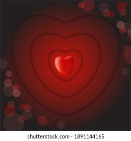 Shiny, luminous 3d heart at red and black bokeh background. Love symbol. Template for Happy St Valentine`s Day at 14 February holiday romantic greeting card, poster, banner, flyer, cover, invitation