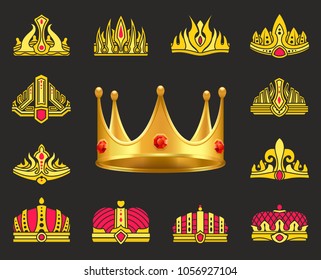 Shiny luxurious crowns of gold with gemstones set. Heraldic headdress for royal family. Gold crowns ornate with precious stones vector illustrations.