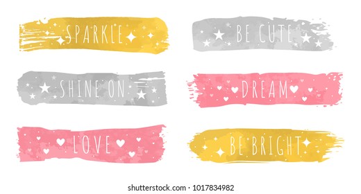 Shiny luxury colors samples with slogan for each. Gold sparkle, silver shine on, pink love, be cute, tender dream and be bright vector illustrations.