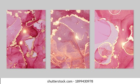 Shiny magenta and gold stone geode pattern. Alcohol ink technique abstract vector background. Modern paint with glitter. Marble texture. Set of templates for banner, poster design. Fluid art painting