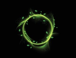 Shiny Magic Circle Frame With Glowing Leaves And Flying Dust Particles On Black Background. Vector Eps10