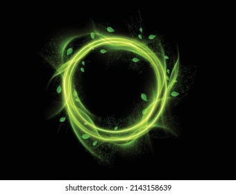 Shiny magic circle frame with glowing leaves and flying dust particles on black background. Concept of fresh, growth, spring, summer. Vector eps10