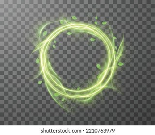 Shiny magic circle frame with glowing leaves and flying dust particles on checkered background. Vector eps10