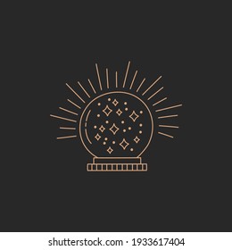 Shiny magic crystal ball, future fortune teller concept, gold simple line in boho style on black background, modern trendy hand drawn vector witch symbol and mystic design element, doodle flat shape.