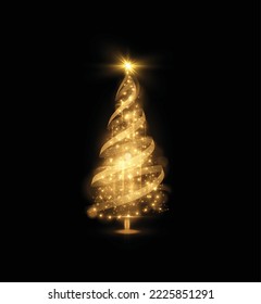 Shiny magical Christmas tree made of magic dust particles vector holiday background. Abstract greeting card with bokeh golden glowing lights christmas tree on black background.