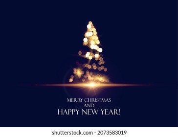 Shiny magical Christmas tree vector holiday background. Abstract greeting card with bokeh golden glowing lights christmas tree on black background.