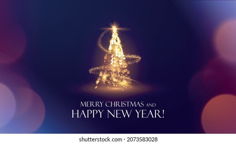 Shiny magical Christmas tree vector holiday background. Abstract greeting card with bokeh golden glowing lights christmas tree on black background.