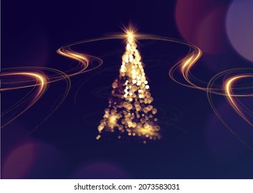 Shiny magical Christmas tree vector holiday background. Abstract greeting card with bokeh golden glowing lights christmas tree on black background.