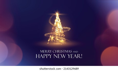 Brillante y mágico árbol de Navidad vectorial fondo de vacaciones. Tarjeta de saludo abstracta con un árbol de navidad de luces brillantes doradas en el fondo negro.