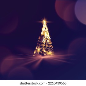 Shiny magical Christmas tree vector holiday background. Abstract greeting card with bokeh golden glowing lights chrismas tree on black background.